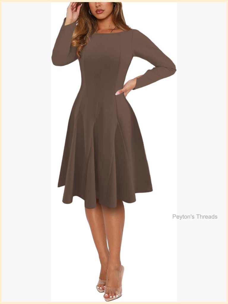 Long Sleeve Elegant Midi A-Line Swing Formal Party Cocktail Dress With Pockets